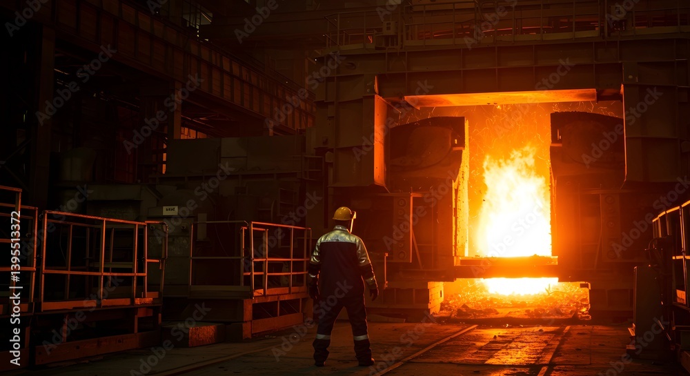 Fototapeta premium Worker Observing Molten Metal in Industrial Furnace with Protective Gear