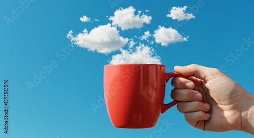 A hand holds a vibrant red mug against a clear blue sky, with several white, fluffy clouds appearing to rise from the mug like steam. 
