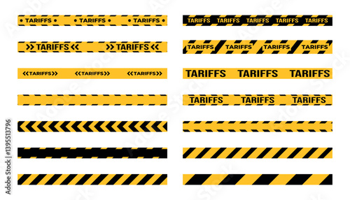Yellow and Black Tariff Warning Tape Set. Set of caution-style yellow and black tapes with "TARIFFS" text, used for economic, trade, or regulatory warning visuals