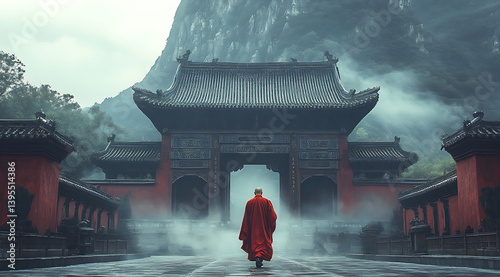 A monk walks through the gate of an ancient temple