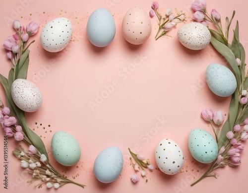 Easter composition with pastel eggs and flowers, space for greeting text