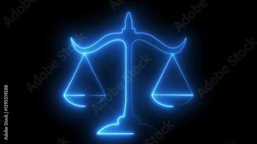 Glowing neon line Scales of justice icon isolated on black background. Court of law symbol. Balance scale sign.  animation