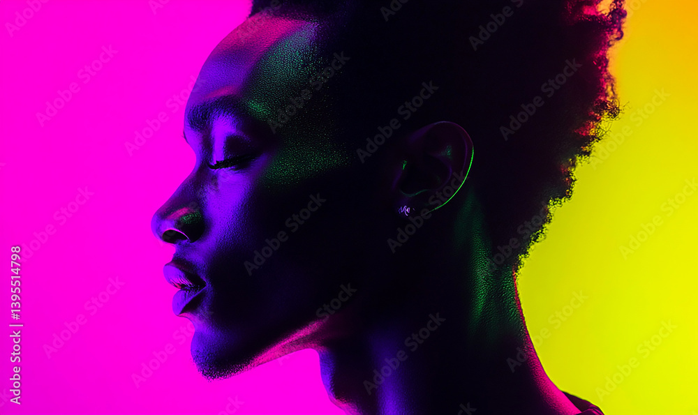 A digital artwork of a men in profile, bathed in vivid neon colors. The image blends elements of fashion, creativity, and futuristic energy. A digital artwork of a men in profile, bathed in vivid neon colors. The image blends elements of fashion, creativity, and futuristic energy.