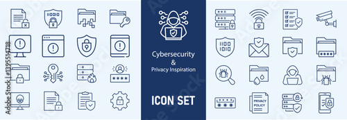 Cybersecurity icons set with firewall, data encryption, password protection, phishing attack, two factor authentication, cyber threat, 