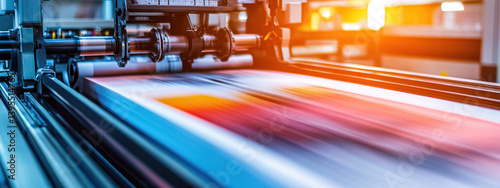 Industrial printing large printing press at high speed produces full color products. Modern production and mass printing in action.