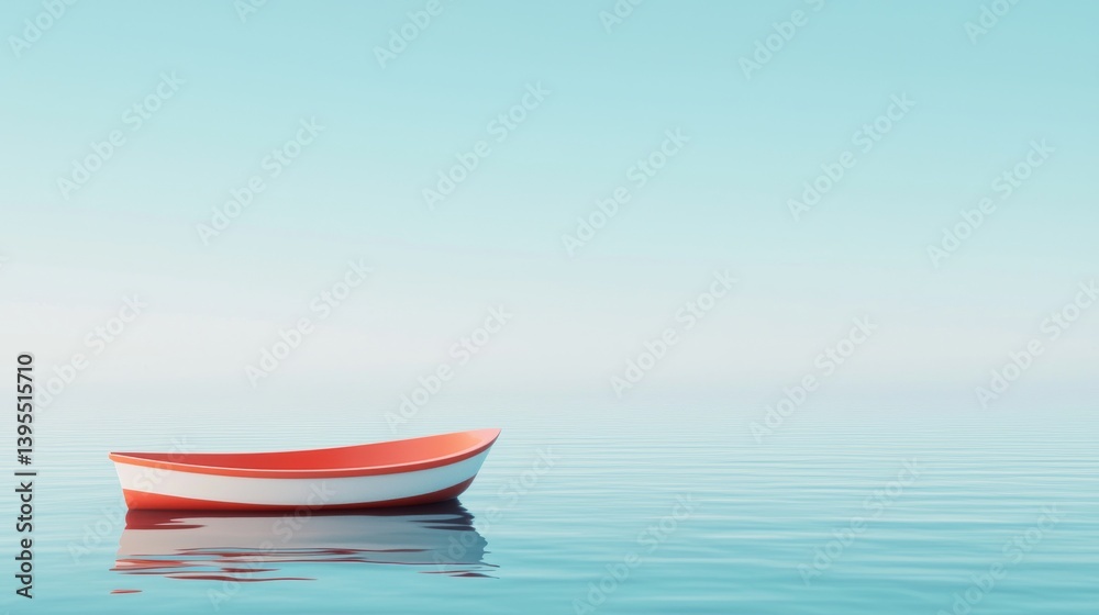 Naklejka premium Solitary Red and White Boat Floating on Calm Turquoise Waters Under a Clear Sky
