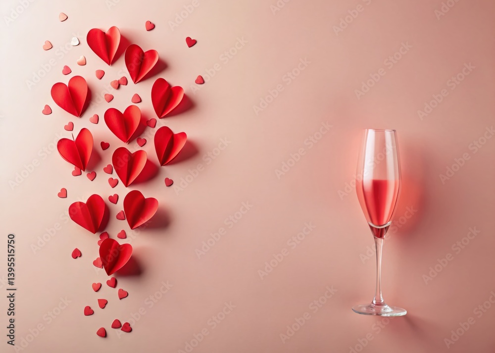 Obraz premium Valentine's Day Origami Heart Explosion from Champagne Glass - Pink Background Stock Photo