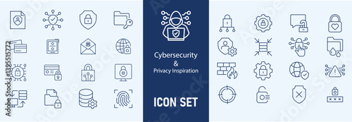 Cybersecurity icons set with firewall, data encryption, password protection, phishing attack, two factor authentication, cyber threat, 
