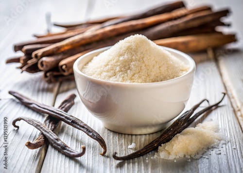 Vanilla Sugar & Planifolia Beans: Gourmet Baking Ingredient Stock Photo