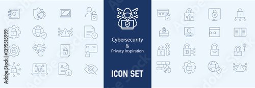 Cybersecurity icons set with firewall, data encryption, password protection, phishing attack, two factor authentication, cyber threat, 
