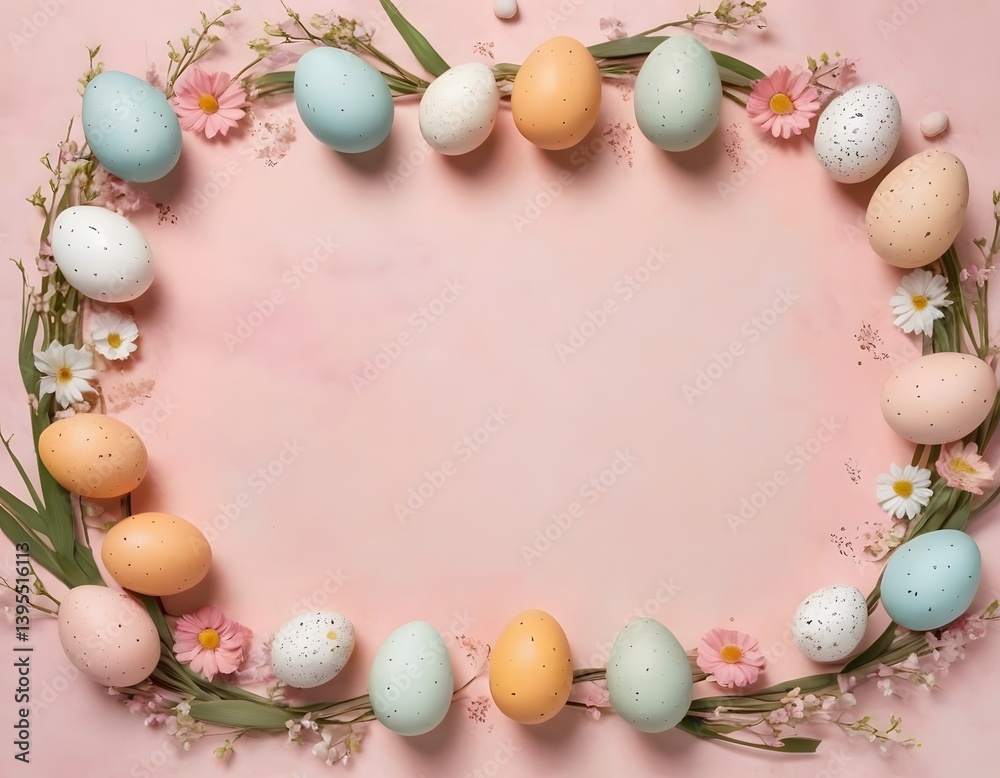 Easter composition with pastel eggs and flowers, space for greeting text Easter composition with pastel eggs and flowers, space for greeting text