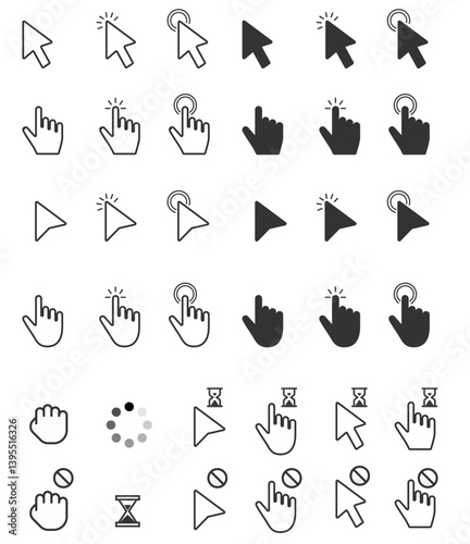 Computer cursor icon set, hourglass, computer mouse, Pointer cursor computer mouse icon collection. Clicking the cursor. Hand clicks. Pointing hand click icon. Click the cursor. Vector illustration