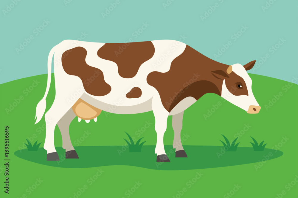 cow cartoon standing and eating grass, Farm Scene. Holstein Cattle and Old Windmill in a Field. cow cartoon standing and eating grass, Farm Scene. Holstein Cattle and Old Windmill in a Field.