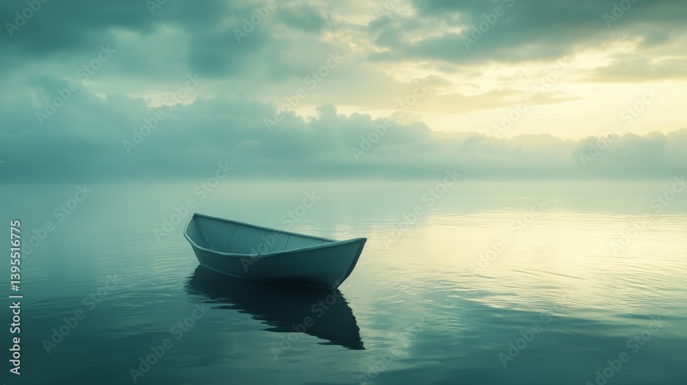 Naklejka premium Lone boat floating on tranquil water under a cloudy sky. Mental health awareness