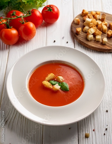  Top view of tomato soup on a white plate with tomatoes, croutons on white wooden table. Generated image