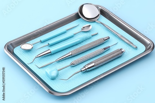 A dental tray with a mirror, explorer, scaler, and suction tools