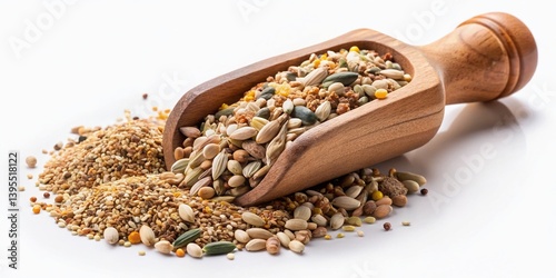 Vintage Photo: Mixed Bird Seeds in Rustic Wooden Scoop Isolated on White Background