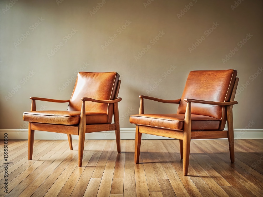Obraz premium Vintage Scandinavian Mid-Century Modern Wood & Leather Chairs: Retro Interior Design Stock Photo