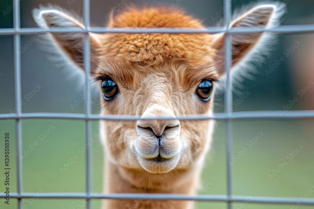 Obraz premium Close-up of a vicuña's face behind a wire fence, the young vicuña looks directly at the camera, its soft, light brown fur and dark eyes are visible.