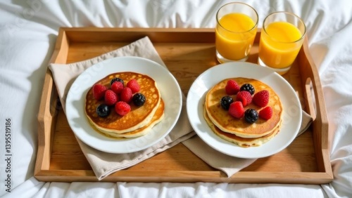 two plates of pancakes with berries and orange juice on a wooden tray, cozy breakfast in bed setup with white linens and soft daylight, concept of hospitality, wellness, food styling