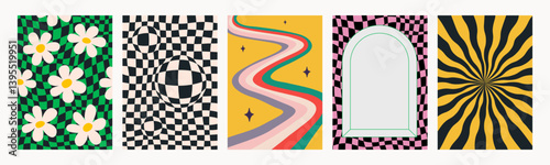 Abstract psychedelic retro pattern set. Groovy backgrounds in vivid colors. Trendy funky vector textures in abstract y2k style. Vector graphic for posters and art prints