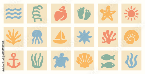 Ocean's Embrace: A collection of charming, hand-drawn icons, representing various aquatic elements, inviting viewers to immerse themselves in the tranquility of the sea.