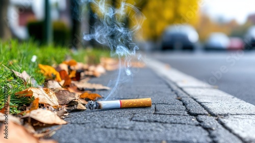 Discarded cigarette smolders on sidewalk, near autumn leaves, blurred street in background.