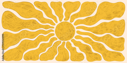 Groovy sun with wavy rays and crayon style texture.