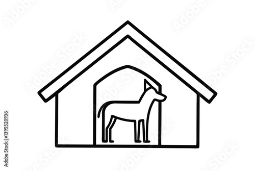 Dog In Doghouse Illustration Simple Outline Black And White Line Art
