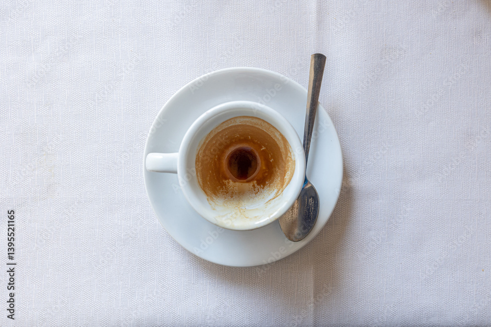 tazze da caffè espresso vuota, da bar o ristorante, su un piattino, con un piccolo cucchiaio