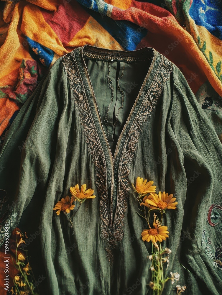 Fototapeta premium Green embroidered tunic with yellow flowers arranged decoratively on it