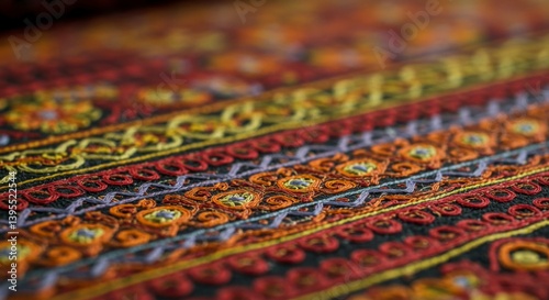 Detailed close-up of vibrant embroidered textile with repeating patterns
