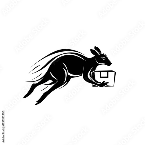 Stylized kangaroo silhouette leaping carrying a box, concept for fast delivery service logo design