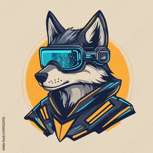 Stylized husky dog wearing futuristic goggles on orange background, concept illustration for gaming, technology, and metaverse projects