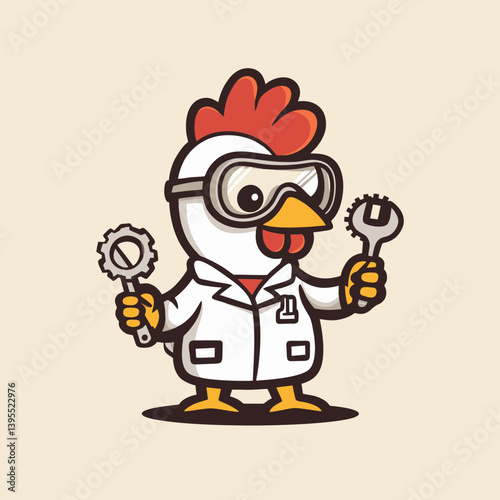 Cute cartoon rooster wearing goggles and lab coat, holding tools; concept for mechanic, engineer, or inventor mascot design