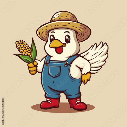 Adorable cartoon chicken farmer in overalls holding corn, concept for agriculture branding, farming business, and harvest festival illustrations