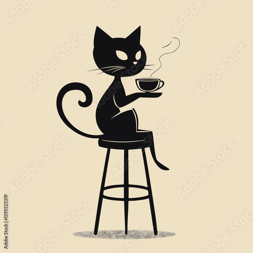 Silhouette of a black cat sitting on a high stool holding a cup of hot drink, concept for cafe, restaurant, pet shop branding, and cute pet design