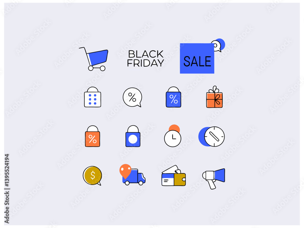 Black Friday Shopping Icons Set. Flat design graphic features a collection of simple, colorful icons representing Black Friday shopping elements. Black Friday Shopping Icons Set. Flat design graphic features a collection of simple, colorful icons representing Black Friday shopping elements.