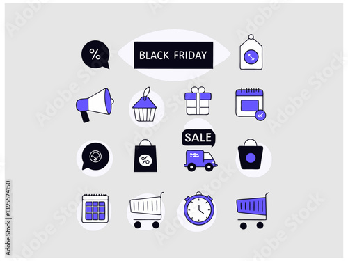 Black Friday Shopping Icons Set. Flat design graphic features a collection of simple, colorful icons representing Black Friday shopping elements.