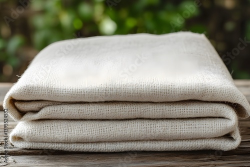 Photo of natural fabric beige color cotton or linen, fabric recycling, sustainability