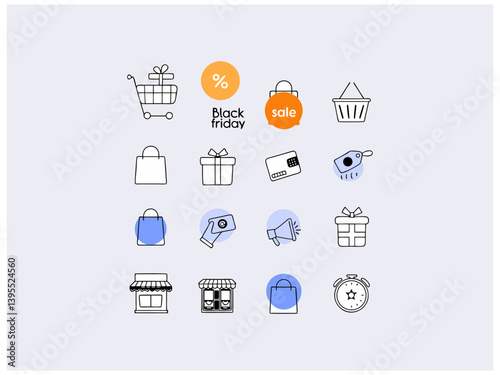 Flat Black Friday Icons Set for E-commerce. This set of flat icons visually represents Black Friday shopping. black friday vector coloring icon design illustration.