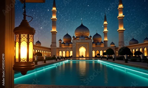 Night scene of a majestic mosque with a glowing lantern
