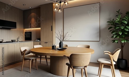 Modern Minimalist Dining Room Interior Design with Wooden Table and Chairs