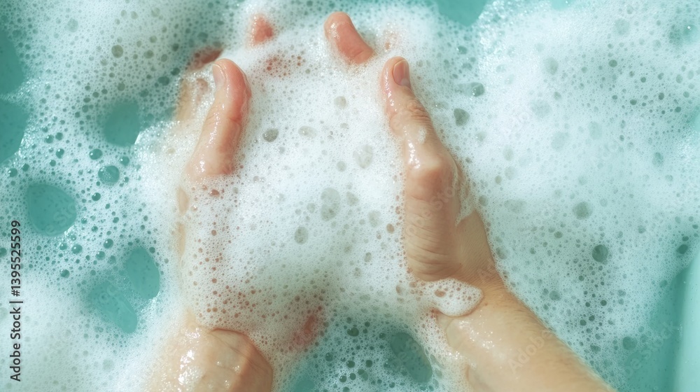 Fototapeta premium Washing hands with soap home bathroom close-up clean environment top view hygiene concept