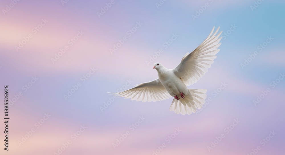 White dove soaring in pastel sky
