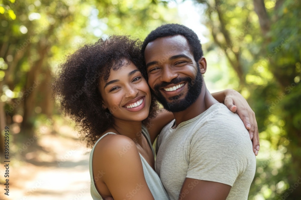 Smiling couple embracing each other on a path surrounded by trees Smiling couple embracing each other on a path surrounded by trees
