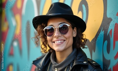Stylish Woman in Sunglasses and Hat, Portrait Against Graffiti Wall