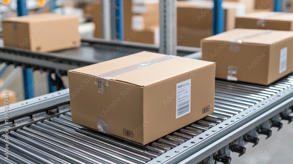 Efficient Cardboard Boxes Transportation on a Conveyor Belt in a Warehouse Efficient Cardboard Boxes Transportation on a Conveyor Belt in a Warehouse