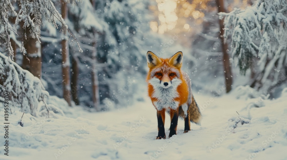 Fototapeta premium A beautiful fox standing gracefully in a snow covered forest
