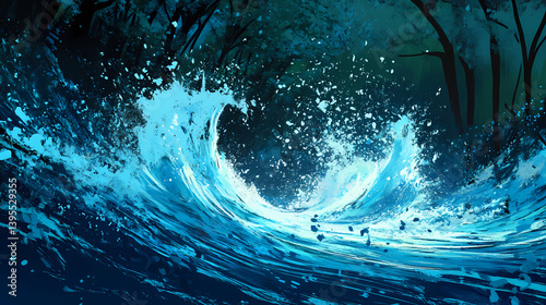 Azure water splashes vividly onto the ground in a dynamic motion. Chilling Undertow. Illustration